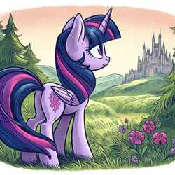 Size: 894x894 | Tagged: safe, artist:evergreenpinewood, twilight sparkle (mlp), alicorn, equine, fictional species, mammal, pony, feral, friendship is magic, hasbro, my little pony, 2023, 2d, butt, castle, feathered wings, feathers, female, flower, folded wings, forest, hair, horn, mane, mare, multicolored hair, multicolored mane, multicolored tail, plant, purple body, purple eyes, purple wings, solo, solo female, sunset, tail, two toned hair, ungulate, wings