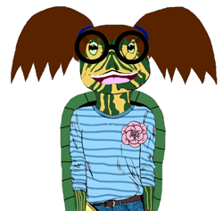 Size: 694x659 | Tagged: safe, reptile, turtle, anthro, belt, bottomwear, brown hair, clothes, cute, eyewear, female, flower, glasses, hair, large round glasses, meganekko, nerd, nerd glasses, nerdy, nostrils, notebook, pants, pigtails, plant, realistic anthro, realistic turtle, red eared slider, round glasses, shell, shirt, super cute, sweater, teenager, teeth, topwear, turtle eyes, turtle shell, turtleneck, white teeth