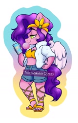 Size: 1202x1884 | Tagged: safe, artist:twisted-sketch, pipp petals (mlp), equine, fictional species, mammal, pegasus, pony, anthro, plantigrade anthro, hasbro, my little pony, my little pony g5, spoiler:my little pony g5, 2023, bottomwear, breasts, bubblegum, busty pipp petals, cell phone, cleavage, clothes, denim, denim shorts, feet, female, food, gum, heel sandals, high heels, jacket, lidded eyes, looking at something, mare, midriff, open-toed shoes, outline, phone, sandals, shoes, shorts, simple background, smartphone, smiling, solo, solo female, toes, topwear, white background