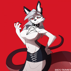 Size: 1920x1920 | Tagged: safe, artist:shido-tara, loona (vivzmind), canine, fictional species, hellhound, hybrid, mammal, reptile, snake, anthro, lamia, hazbin hotel, helluva boss, 2023, bottomwear, breasts, claws, clothes, collar, colored sclera, ear piercing, ears, female, gray body, huge breasts, looking at you, piercing, red background, red sclera, silver hair, simple background, skirt, snake tail, solo, solo female, spiked collar, tail, torn ear, white body, white eyes