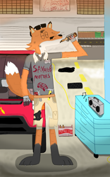 Size: 2850x4562 | Tagged: safe, artist:ellis_ajay, oc, oc:rusty the fox, canine, fox, mammal, anthro, digitigrade anthro, alcohol, beer, drink, garage, long snout, male, solo, solo male, sunset