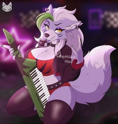 Size: 900x946 | Tagged: safe, artist:mikkamao, roxanne wolf (fnaf), canine, mammal, wolf, anthro, five nights at freddy's, five nights at freddy's: security breach, 2023, bedroom eyes, black jacket, black nose, black socks, blurred background, bottomwear, breasts, cleavage, clothes, collar, crop top, detailed background, digital art, ears, eyebrows, eyelashes, female, fur, green hair, hair, jacket, keytar, kneeling, legwear, midriff, multicolored body, multicolored fur, musical instrument, purple body, purple eye shadow, purple eyeshadow, purple fur, red jacket, scene, scenery, scenery porn, shorts, socks, solo, solo female, spiked collar, stockings, tail, thigh high, thigh high socks, thigh highs, thighs, topwear, two toned jacket, white body, white fur, white muzzle, white snout, white tail, wide hips, yellow eyes