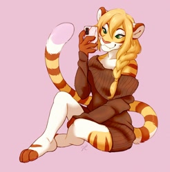 Size: 1472x1493 | Tagged: safe, artist:jennyfur, big cat, feline, mammal, tiger, anthro, 2023, blonde hair, brown body, brown fur, cell phone, clothes, cream body, cream fur, ears, female, fur, green eyes, hair, off shoulder, off shoulder sweater, paws, phone, pink background, signature, simple background, sitting, smartphone, solo, solo female, striped fur, sweater, tail, tan body, tan fur, topwear