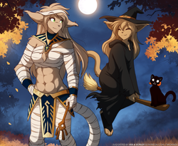 Size: 1561x1280 | Tagged: safe, artist:twokinds, jade adelaide (twokinds), madelyn adelaide (twokinds), basitin, cat, feline, fictional species, mammal, anthro, twokinds, 2023, broom, clothes, female, halloween, hat, headwear, holiday, mummy costume, witch costume, witch hat