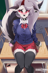 Size: 2645x4000 | Tagged: safe, artist:sebasdono, loona (vivzmind), canine, demon, fictional species, hellhound, mammal, anthro, hazbin hotel, helluva boss, 2023, artist name, black nose, blushing, bottomwear, bow, bow tie, canid demon, classroom, clothes, collar, colored sclera, condom wrapper, detailed background, dress shirt, ear piercing, earring, ears, eyebrow piercing, eyebrows, eyelashes, facial piercing, female, fingerless gloves, frowning, fully clothed, gloves, gray hair, hair, handwear, high res, indoors, legwear, long hair, looking at you, money, piercing, pleated skirt, red sclera, ring piercing, school, school desk, school uniform, shirt, sitting, skirt, solo, solo female, spiked collar, spikes, stockings, thigh highs, topwear, torn clothes, torn ear, uniform, white eyes