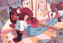 Size: 2100x1417 | Tagged: suggestive, alternate version, artist:waspsalad, mammal, marten, mustelid, pine marten, anthro, 2023, all fours, big butt, butt, candy, clothes, crotch bulge, food, legwear, lollipop, male, mirror, panties, raised tail, shirt, solo, solo male, striped clothes, striped legwear, tail, thigh highs, topwear, underwear