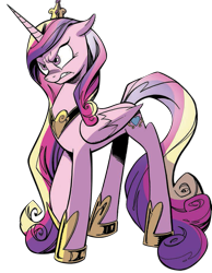 Size: 697x898 | Tagged: safe, artist:andy price, artist:andypriceart, princess cadence (mlp), alicorn, equine, fictional species, mammal, pony, feral, friendship is magic, hasbro, idw, idw my little pony, my little pony, 2021, angry, closed wings, colored pupils, crown, feathered wings, feathers, female, folded wings, frowning, gradient mane, gradient tail, hair, headwear, hoof shoes, horn, jewelry, long mane, mane, multicolored hair, multicolored mane, multicolored tail, peytral, regalia, simple background, solo, solo female, tail, transparent background, wings