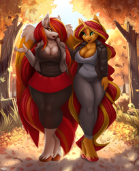 Size: 1733x2126 | Tagged: safe, artist:lightly-san, sunset shimmer (mlp), oc, oc:diamond sun, equine, fictional species, mammal, pegasus, pony, unicorn, anthro, unguligrade anthro, friendship is magic, hasbro, my little pony, 2023, anthrofied, autumn, bottomwear, breasts, cleavage, clothes, commission, detailed background, digital art, duo, duo female, ears, eyelashes, feathered wings, feathers, female, females only, fur, hair, hooves, horn, mane, pants, plant, pose, shirt, tail, thighs, topwear, tree, wide hips, wings