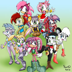 Size: 500x500 | Tagged: safe, artist:vaporotem, amy rose (sonic), barby the koala (sonic), bunnie rabbot (sonic), hershey the cat (sonic), julie-su the echidna (sonic), lara-su the echidna (sonic), lupe the wolf (sonic), mina mongoose (sonic), princess sally acorn (sonic), sonia the hedgehog (sonic), canine, cat, chipmunk, echidna, feline, hedgehog, koala, lagomorph, mammal, marsupial, mongoose, monotreme, rabbit, rodent, wolf, anthro, archie sonic the hedgehog, sega, sonic the hedgehog (series), sonic underground, 2009, boots, cheek fluff, clothes, cybernetics, eyelashes, female, females only, fluff, gesture, glasses, gloves, jacket, peace sign, shoes, tail, topwear