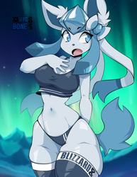 Size: 1200x1553 | Tagged: safe, artist:skwidbone, oc, oc only, eeveelution, fictional species, glaceon, mammal, sylveon, anthro, nintendo, pokémon, 2023, anthrofied, belly button, blue eyes, breasts, clothes, detailed background, digital art, ears, eyelashes, female, fur, fusion, hair, legwear, open mouth, pokemon fusion, ribbons (body part), solo, solo female, sports bra, sports panties, stockings, tail, thighs, tongue, topwear, wide hips