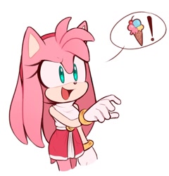 Size: 894x933 | Tagged: safe, artist:toonsite, amy rose (sonic), hedgehog, mammal, anthro, sega, sonic the hedgehog (series), 2023, alternate hairstyle, clothes, exclamation point, female, food, green eyes, hair, ice cream, ice cream cone, simple background, solo, solo female, white background