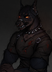 Size: 900x1233 | Tagged: safe, artist:yasmil, oc, oc only, canine, doberman, dog, mammal, anthro, 2023, bedroom eyes, black nose, clothes, digital art, ears, fur, looking at you, male, semi-grimdark, sharp teeth, simple background, solo, solo male, teeth, torn clothes, unamused