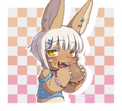 Size: 1759x1608 | Tagged: safe, artist:buneposter, nanachi (made in abyss), lagomorph, mammal, rabbit, anthro, made in abyss, 2023, abstract background, bacon, black nose, border, burger, cheese, dairy products, digital art, ears, eating, eyelashes, female, food, fur, hair, half body, lettuce, meat, narehate, open mouth, solo, solo female, tomato, tongue, vegetables, white border, yellow eyes