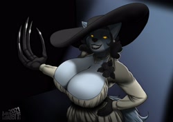 Size: 3508x2480 | Tagged: suggestive, artist:maxblackrabbit, lady dimitrescu (resident evil), oc, oc:raven hunt, canine, mammal, wolf, anthro, resident evil, 2021, black nose, bottomwear, breasts, claws, clothes, digital art, dress, ears, eyelashes, female, fur, hair, hat, headwear, huge breasts, looking at you, smiling, smiling at you, solo, solo female, tail, thighs, wide hips