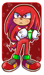 Size: 828x1399 | Tagged: safe, artist:usagi-asakura, knuckles the echidna (sonic), echidna, mammal, monotreme, sega, sonic the hedgehog (series), 2023, 2d, chaos emerald, clothes, fur, gloves, male, purple eyes, red body, red fur, shoes, simple background, solo, solo male, tail