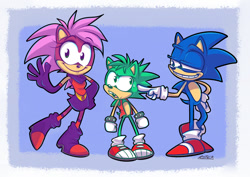 Size: 990x700 | Tagged: safe, artist:vaporotem, manic the hedgehog (sonic), sonia the hedgehog (sonic), sonic the hedgehog (sonic), hedgehog, mammal, anthro, sega, sonic the hedgehog (series), sonic underground, 2012, 2d, brother, brother and sister, clothes, female, full body, gloves, group, male, quills, shoes, siblings, sister, smiling, trio