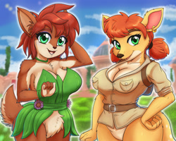 Size: 2500x2000 | Tagged: safe, artist:saikyoart, elora (spyro), sheila the kangaroo (spyro), faun, fictional species, kangaroo, mammal, marsupial, anthro, spyro the dragon (series), 2023, backpack, bag, belt, big breasts, bottomless, breasts, brown body, brown fur, brown hair, brown nose, chest fluff, choker, cleavage, clothes, container, duo, duo female, ear fluff, ear piercing, earring, eyebrows, eyelashes, female, females only, fluff, fur, green eyes, hair, hand on hip, leaf, leaf clothing, looking at you, macropod, nudity, open mouth, open smile, outdoors, partial nudity, piercing, pigtails, pubic fluff, short hair, shoulder fluff, smiling, tan body, tan fur