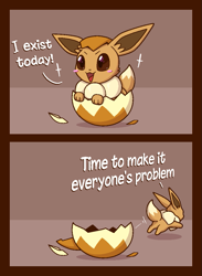 Size: 767x1048 | Tagged: safe, artist:r-mk, eevee, eeveelution, fictional species, mammal, feral, nintendo, pokémon, 2023, aliasing, ambiguous gender, border, brown border, cute, dialogue, egg, english text, hatching, solo, solo ambiguous, talking, text, two panel image