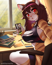 Size: 1066x1333 | Tagged: suggestive, artist:charmerpie, meow skulls (fortnite), oc, oc only, cat, feline, mammal, anthro, fortnite, 2023, big breasts, bottomwear, breasts, cell phone, chair, clothes, detailed background, digital art, ears, eyelashes, female, gift art, hair, looking at you, looking back, looking back at you, phone, shorts, sitting, smartphone, solo, solo female, sports bra, sports shorts, table, tail, thighs, topwear, torn clothes, wide hips, window
