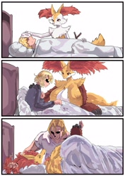 Size: 2894x4093 | Tagged: safe, artist:simonbutt6, braixen, delphox, fictional species, human, mammal, anthro, nintendo, pokémon, 2023, bed, blanket, breasts, comic, commission, detailed background, digital art, duo, duo male and female, ear fluff, ears, eyelashes, female, fluff, fur, hair, human/anthro, interspecies, looking at each other, lying down, lying on bed, male, male/female, neck fluff, on bed, pillow, poképhilia, starter pokémon, tail, thighs, wide hips