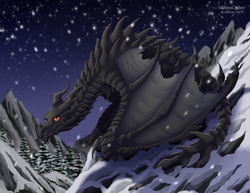 Size: 3913x3018 | Tagged: safe, artist:shiracipher, dragon, fictional species, feral, the elder scrolls, alduin, black scales, forest, horns, male, mountain, night, night sky, red eyes, scales, sky, skyrim, snow, snowfall, solo, solo male, stars, tail, wings, winter