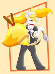 Size: 1520x2048 | Tagged: suggestive, artist:unknownlifeform, oc, oc:fortuna, oc:fortuna (unknownlifeform), braixen, canine, fictional species, fox, mammal, anthro, nintendo, pokémon, 2023, angry, big tail, black body, black fur, blushing, cleaning tool, clothes, collar, colored background, digital art, ear fluff, eyelashes, female, fluff, fur, glare, glaring, looking at you, looking back, maid, maid outfit, multicolored body, orange body, orange fur, rear view, red eyes, simple background, solo, solo female, starter pokémon, stick, tail, tail fluff, thighs, watermark, white body, white fur, yellow body, yellow fur