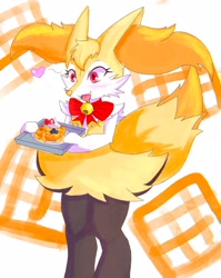 Size: 1630x2048 | Tagged: safe, artist:unknownlifeform, oc, oc only, oc:fortuna, oc:fortuna (unknownlifeform), braixen, canine, fictional species, fox, mammal, anthro, nintendo, pokémon, 2023, bell, berry, black body, black fur, blueberry, colored background, digital art, ear fluff, eyelashes, fangs, female, fluff, food, fox tail, fruit, fur, heart, holding, holding object, multicolored body, multicolored fur, orange body, orange fur, paws, plate, red eyes, ribbon, saliva, saliva trail, sharp teeth, solo, solo female, starter pokémon, strawberry, tail, tail fluff, teeth, tray, waffle, whipped cream, white body, white fur, yellow body