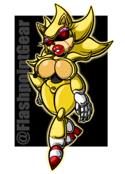Size: 1000x1400 | Tagged: suggestive, artist:flashpointgear, sonic the hedgehog (sonic), fictional species, hedgehog, mammal, robot, anthro, sega, sonic the hedgehog (series), 2023, abstract background, bedroom eyes, big breasts, black sclera, breasts, clothes, colored sclera, eyelashes, featureless breasts, female, hand on hip, lipstick, makeup, red eyes, roboticization, rule 63, shoes, solo, solo female, super sonic