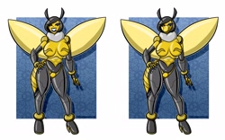 Size: 3200x2000 | Tagged: safe, alternate version, artist:flashpointgear, oc, oc only, arthropod, bee, fictional species, insect, robot, anthro, 2023, breasts, clothes, duo, duo female, eyelashes, featureless breasts, female, females only, grin, hand on hip, high heels, lipstick, makeup, shoes, spread wings, wings, womb tattoo
