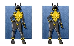 Size: 3200x2000 | Tagged: safe, artist:flashpointgear, oc, oc only, arthropod, bee, fictional species, insect, robot, anthro, 2023, breasts, clothes, duo, duo female, eyelashes, featureless breasts, female, females only, grin, hand on hip, high heels, lipstick, makeup, shoes, womb tattoo
