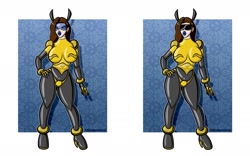 Size: 2048x1280 | Tagged: safe, artist:flashpointgear, oc, oc only, arthropod, bee, fictional species, human, insect, mammal, robot, anthro, 2023, breasts, clothes, duo, duo female, eyelashes, featureless breasts, female, females only, grin, hand on hip, high heels, latex suit, lipstick, makeup, shoes, womb tattoo