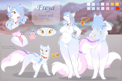 Size: 3543x2362 | Tagged: suggestive, artist:shuryashish, oc, oc only, oc:freya (soulsongrocs), canine, mammal, wolf, anthro, feral, 2022, :p, abstract background, adorasexy, belly button, blue body, blue fur, blue hair, breasts, character name, cheek fluff, chubby anthro, chubby female, claws, clothes, collar, color palette, cute, ear fluff, english text, eyes closed, fangs, featureless breasts, featureless crotch, female, fluff, fur, hair, hair accessory, hair over one eye, jewelry, necklace, nudity, paw pads, paws, pink nose, pink panties, pink underwear, raised tail, reference sheet, sexy, sharp teeth, slightly chubby, solo, solo female, tail, tail fluff, teeth, text, tongue, tongue out, underwear, white body, white fur, yellow collar, yellow eyes