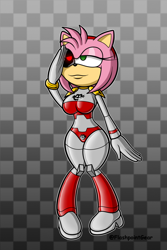 Size: 1000x1500 | Tagged: safe, artist:flashpointgear, amy rose (sonic), fictional species, hedgehog, mammal, robot, anthro, sega, sonic the hedgehog (series), 2023, bedroom eyes, black sclera, brainwashed, clothes, colored sclera, eyelashes, female, gloves, heterochromia, high heels, latex suit, red eyes, roboticization, salute, shoes, smiling, solo, solo female