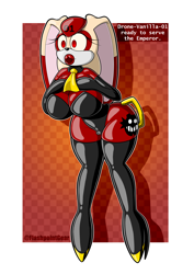 Size: 2480x3508 | Tagged: safe, artist:flashpointgear, vanilla the rabbit (sonic), lagomorph, mammal, rabbit, anthro, sega, sonic the hedgehog (series), 2023, big breasts, brainwashed, breasts, clothes, eyelashes, female, high heels, latex, latex drone, latex suit, lipstick, makeup, mature, mature female, rubber drone, shoes, solo, solo female, wide eyes