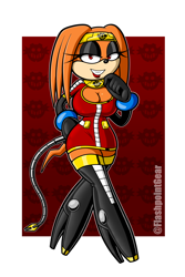Size: 1000x1500 | Tagged: safe, artist:flashpointgear, tikal the echidna (sonic), echidna, mammal, monotreme, anthro, sega, sonic the hedgehog (series), 2023, bedroom eyes, boots, bracelet, brainwashed, breasts, cleavage, clothes, female, gloves, high heel boots, high heels, jewelry, latex, latex boots, latex gloves, latex suit, shoes, smirk, solo, solo female