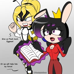 Size: 1500x1500 | Tagged: safe, artist:flashpointgear, oc, oc only, arthropod, bee, insect, lagomorph, mammal, rabbit, anthro, sega, sonic the hedgehog (series), 2023, angry, book, breasts, cleavage, clothes, dialogue, duo, duo female, eyelashes, female, females only, glowing, glowing hand, gradient background, lipstick, makeup, talking, telekinesis