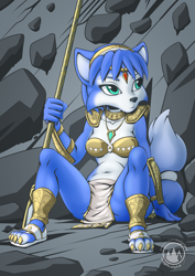 Size: 1614x2283 | Tagged: safe, artist:mysticalpha, krystal (star fox), canine, fox, mammal, anthro, digitigrade anthro, nintendo, star fox, 2023, accessories, bikini, bikini top, black nose, breasts, clothes, detailed background, digital art, ears, eyelashes, female, fluff, hair, jewelry, loincloth, neck fluff, sandals, shoes, shoulder pads, sitting, solo, solo female, swimsuit, tail, thighs, vixen, wide hips