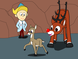 Size: 4000x3000 | Tagged: safe, artist:ledorean, rudolph the red nosed reindeer, oc, oc:janice (ledorean), cervid, deer, elf, fictional species, mammal, reindeer, feral, humanoid, buck, daughter, father, father and child, father and daughter, fawn, female, group, hermey, male, rudolph the red nosed reindeer (tv special), trio, young