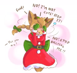 Size: 1700x1620 | Tagged: safe, artist:unknownlifeform, oc, oc only, oc:signia, oc:signia (unknownlifeform), cervid, deer, mammal, comic:teasing rudolf's cute, 2023, antlers, belt, blushing, blushing profusely, brown body, brown fur, bullying, christmas, clothes, colored background, costume, covering eyes, covering face, dialogue, embarrassed, female, flustered, fur, gloves, holiday, holly, offscreen character, open mouth, red dress, ribbon, santa costume, simple background, solo, solo female, talking, teasing, white background