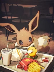 Size: 1080x1440 | Tagged: safe, artist:arc_draws, bird, eevee, eeveelution, fictional species, mammal, psyduck, feral, mcdonald's, nintendo, pokémon, 2023, ambiguous gender, brown body, brown fur, burger, drink, drinking straw, ears, fast food, food, french fries, fur, hamburger, indoors, ketchup, serving tray, solo, solo ambiguous, tail, toy