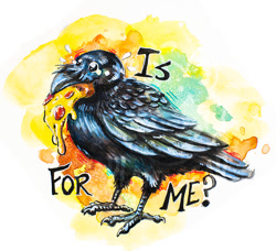 Size: 800x728 | Tagged: safe, artist:danji-isthmus, bird, corvid, crow, songbird, feral, 2023, ambiguous gender, beak, black body, claws, cute, feathers, food, pizza, solo, talons, text, traditional art, watercolor painting, wings