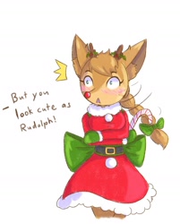 Size: 1300x1620 | Tagged: safe, artist:unknownlifeform, rudolph the red nosed reindeer, oc, oc only, oc:signia, oc:signia (unknownlifeform), cervid, deer, mammal, anthro, comic:teasing rudolf's cute, antlers, blue eyes, blushing, brown body, brown fur, christmas, clothes, colored pupils, comic, costume, crossed arms, dialogue, dress, ears, embarrassed, eyelashes, female, flustered, fur, hair, holiday, holly, offscreen character, ponytail, red clothes, red dress, red nose, ribbon, santa costume, santa dress, simple background, solo, solo female, surprised, talking, white background, wide eyes
