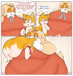 Size: 2079x2174 | Tagged: suggestive, artist:shinybelly, cream the rabbit (sonic), miles "tails" prower (sonic), canine, fox, lagomorph, mammal, rabbit, anthro, comic:tails' safe place, sega, sonic the hedgehog (series), big belly, blue eyes, blush lines, blushing, chest fluff, clothes, comic, comission, digital art, duo, ears, eating, eyelashes, fat fetish, fat fur, female, fluff, fox tail, gloves, hair, hair over one eye, half closed eyes, huge belly, licking, licking lips, lidded eyes, male, multiple tails, muzzle, orange dress, orange eyes, page, ribbon, shoes, size difference, surprised, tail, tail fluff, tongue, tongue out, twin tails, two tails, vore, vore comic, weight gain