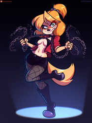 Size: 689x923 | Tagged: safe, artist:psicoyote, isabelle (animal crossing), canine, dog, mammal, shih tzu, anthro, animal crossing, nintendo, 2023, belly button, boots, bottomwear, breasts, chains, clothes, eye through hair, fangs, female, fishnet, fishnet stockings, green eyes, hair, jacket, legwear, looking at you, midriff, see-through, sharp teeth, shoes, shorts, simple background, smirk, solo, solo female, stockings, teeth, topwear