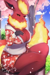 Size: 1378x2048 | Tagged: safe, artist:kyuukon, eeveelution, fictional species, flareon, mammal, anthro, nintendo, pokémon, 2023, absolute cleavage, big breasts, black sclera, breasts, cherry blossoms, cleavage, colored sclera, female, kimono (clothing), looking at you, outdoors, sitting, smiling, smiling at you, solo, solo female