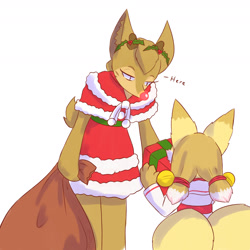 Size: 1800x1800 | Tagged: safe, artist:unknownlifeform, rudolph the red nosed reindeer, nameless oc, oc, oc only, oc:signia, oc:signia (unknownlifeform), cervid, deer, mammal, anthro, comic:rudolf's present, 2023, antlers, bag, belt, belt buckle, blue eyes, brown body, brown fur, christmas, clothes, container, cosplay, costume, dress, duo, duo female, ears, eyelashes, female, females only, fluff, fur, gift, gift box, gift wrapped, glowing, glowing nose, holding, holding object, holiday, holly, lidded eyes, looking at someone, looking down, multicolored clothing, multiple tails, present, red clothes, red dress, red nose, santa costume, santa dress, tail, tail fluff, twin tails, two tails, unnamed character