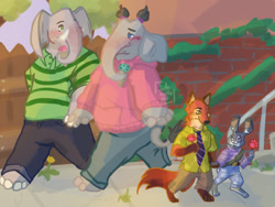Size: 640x480 | Tagged: safe, artist:czarojay, alfonso (sing), judy hopps (zootopia), meena (sing), nick wilde (zootopia), canine, elephant, fox, lagomorph, mammal, rabbit, red fox, disney, illumination entertainment, sing (film), zootopia, 2022, 2d, blushing, bottomwear, clothes, crossover, female, food, ice cream, ice cream cone, male, male/female, necktie, pants, pawpsicle, popsicle, shipping, sweater, topwear, ungulate, walking, wildehopps (zootopia)