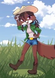 Size: 850x1197 | Tagged: safe, artist:siroc, oc, oc only, mammal, mustelid, stoat, weasel, anthro, 2023, boots, clothes, female, hat, headwear, shoes, solo, solo female