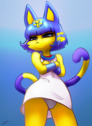 Size: 676x919 | Tagged: suggestive, artist:hotpinkevilbunny, ankha (animal crossing), cat, feline, mammal, anthro, animal crossing, nintendo, 2023, ankha zone, blue hair, cat ears, cat tail, clothes, dancing, egyptian, female, fur, hair, panties, solo, solo female, striped tail, stripes, tail, underwear, white panties, yellow body, yellow fur