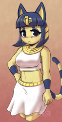 Size: 784x1548 | Tagged: safe, artist:puetsua, ankha (animal crossing), cat, feline, mammal, animal crossing, nintendo, 2023, blue hair, bottomwear, cat ears, cat tail, clothes, crop top, egyptian, female, fur, hair, hand on hip, midriff, skirt, solo, solo female, striped tail, stripes, tail, tank top, topwear, yellow body, yellow fur